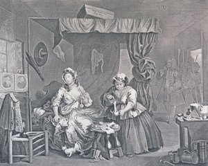 Bir Fahişenin İlerlemesi, Plaka Üç: Bir Sulh Hakimi Tarafından Yakalandı, 1732 (gravür ve gravür) by William Hogarth