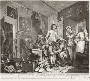 Bir Tırmık İlerlemesi, Levha 1: Mülkünün Mülkiyetinin Alınması Tırmık / Der Weg eines Liederlichen, Blatt 1: Die Erbschaft. 1735 by William Hogarth