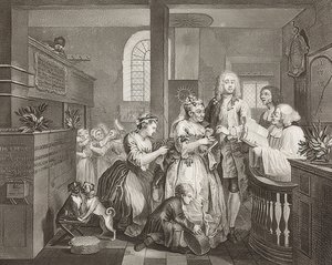 S İlerleme, Levha 5: Yaşlı Bir Kadınla Evlenen Tırmık / Bir Felaket Yolu, Sayfa 5: Tom Rakewell zengin bir yaşlı kadınla evlenir). 1735 by William Hogarth