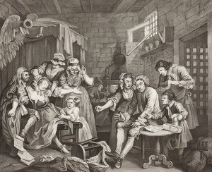 S İlerleme, Plaka 7: Hapishanedeki Tırmık / Bir Ayrıntı Yolu, Sayfa 7: Hapishanede Tom Rakewell. 1735 by William Hogarth