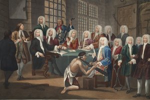 Bambridge, Avam Kamarası komitesi tarafından cinayetten yargılanıyor, 'Hogarth Restore Edildi: Thomas Cook tarafından yeniden oyulmuş ünlü William Hogarth'ın Bütün Eserleri'nden bir örnek, pub. 1812 (el boyaması gravür) by William Hogarth