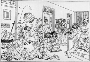 Bedlam akıl hastanesi, William Hogarth (1697-1764) tarafından seri tırmık ilerlemesinden gravür by William Hogarth