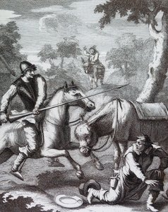 Don Kişot, Mambrino'nun Miğferi İçin Berberin Basonunu Ele Geçirdi' by William Hogarth