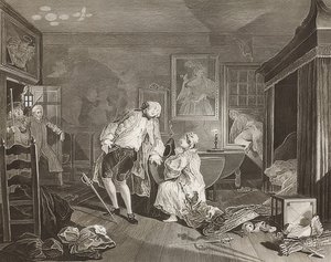 Modaya göre evlilik / modaya göre evlilik. Sayfa 5: Bagnio / Kont bir düelloya düşer. 1745 by William Hogarth