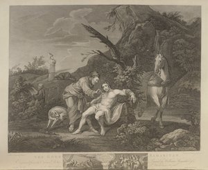 John Boydell (1719-1804) 1772 tarafından yayınlanan JM Delatre und Simon Francis Ravenet tarafından kazınmış İyi Samiriyeli,
