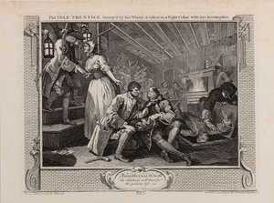Fahişesi tarafından ihanete uğrayan ve suç ortağıyla birlikte bir gece mahzenine alınan aylak çırak, 1747. by William Hogarth