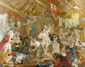 William Hogarth'ın 'Bir Ahırda Giyinen Gezici Kadın Oyuncuları' 1738 by William Hogarth