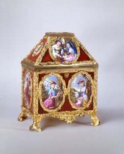 George III tabutu, James Cox tarzında bir kenar saati içeren, c.1770 (yaldızlı metal, emaye ve verre-eglomise) (ayrıca bkz. 741846) by William Hopkins Craft