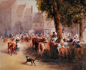 Köy Sığır Pazarında Sabah Erken (kağıt üzerine suluboya) by William Hunt