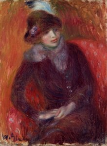 Kürk Boyunluk ve Kırmızı Arka Plan Oturan Kadın by William James Glackens