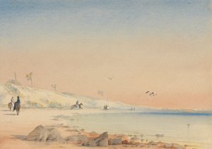 Gambiya - Cape St. Mary'de yürüyen ve ata binen figürlerin olduğu kumlu bir koy by William John Chamberlayne