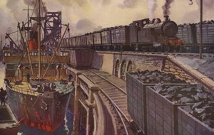 4-4-2 tank motoru tarafından çekilen bir kömür treni (renkli lito)