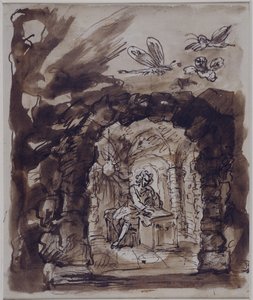 Alexander Pope mağarasında (kağıt üzerinde yıkama ile kalem ve mürekkep)