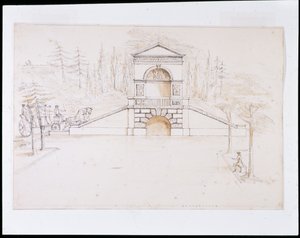 Chiswick, kanalın sonunda bir yol köprüsü ile birleştirilmiş alınlıklı bir şelale için tasarım (kalem ve mürekkep ve kağıt üzerinde yıkama) by William Kent