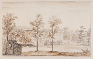 Chiswick, rustik bir şelale için tasarım ve terasa yerleştirilmiş köprü (kalem ve mürekkep ve kağıt üzerinde kurşun kalemle yıkayın) by William Kent