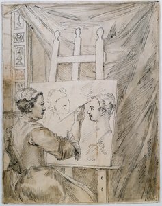 Lady Burlington, Bahçe Odasında şövalesinin başında (kağıt üzerinde kalem ve mürekkep ve kurşun kalem) by William Kent