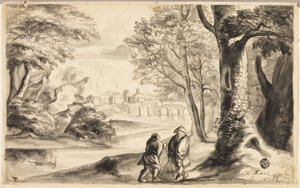 Uzakta Köy ve Köprü ile Ağacın Altında İki Gezgin by William Kent