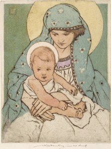 Bebek İsa ile Meryem Ana (elle boyanmış kuru nokta) by William Lee Hankey