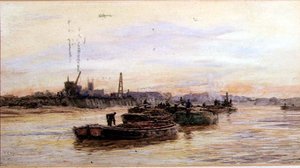 Gün batımında mavnalar (suluboya) by William Lionel Wyllie