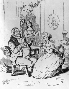 Bay Joseph Sedley, Becky Sharp tarafından dolaşık, Vanity Fair'in 1. bölümü için illüstrasyon, William Makepeace Thackeray'ın (1811-1863) romanı, William Makepeace Thackeray'ın (1811-1863) çizim üstüne gravürü, 1882'de Chicago'da yayınl