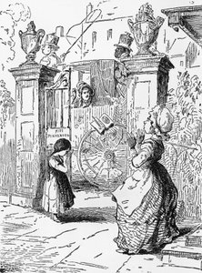Rebecca's Farewell, Chapter I, Vanity Fair için illüstrasyon, William Makepeace Thackeray (1811-1863) tarafından yazılan roman, William Makepeace Thackeray (1811-1863) tarafından çizim üzerine gravür, 1882'de yayınlandı, Chicago