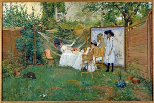 Açık havada kahvaltı 1888 civarında Bir bahçede genç kadın, onlardan biri hamakta. William Merritt Chase (1849-1916) 1888 Toledo