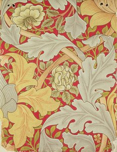 Akantus yaprakları ve kızıl bir arka planda yabani gül, duvar kağıdı tasarımı by William Morris