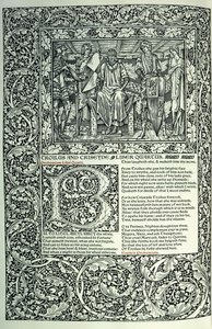 "Troilus ve Criseyde"den bir sahne, ilk "B"nin tarihçesi, tam sayfa kenarlıklı el yazması, 1896 by William Morris