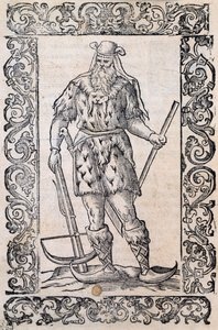 Kürk elbise, arbalet ve bükülmüş uçlu ayakkabılar (ilkel kayaklar örneği), illüstrasyon Cesare Vecellio