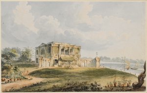Hooghly Nehri üzerindeki Charles Prinsep'in Evi, Ishura'nın görünümü (kağıt üzerine suluboya ile siyah tebeşir, kalem ve kahverengi mürekkep)