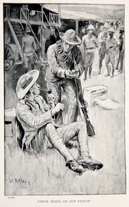 Yorke eski bir arkadaşıyla tanışır, GA Henty, pub'ın 'With Roberts to Pretoria: A Tale of the South African War'dan bir illüstrasyon. Londra, 1902 by William Rainey