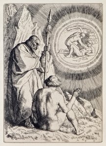 Michael, John Milton'ın (1608-1674) Kayıp Cennet'ten bir Görüntüyü Adem'in önüne koyuyor, William Strang (1859-1921) tarafından oyulmuş 12 resimlik bir dizi by William Strang