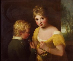 Bir sepet çiçekle iki çocuk (tuval üzerine yağlı boya) by William Tate