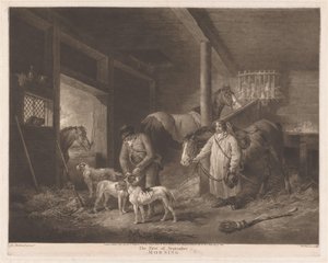 Ahırdaki avcılar hayvanlarını hazırlıyor Eylülün İlk Sabahı (nesnedeki başlık) by William Ward