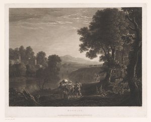 Bir Nehrin Kıyısında Katır Üzerinde Çobanlar ve Kadınla Manzara Sabah (nesnedeki başlık) by William Woollett