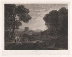 Bir nehir kıyısında kapı ve kule ile manzara Akşam (nesne üzerindeki başlık) by William Woollett