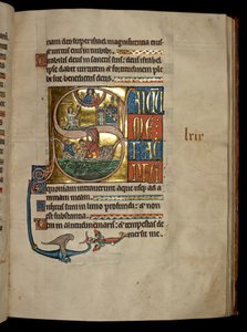 Ms 322 f.67r, Mezmur 68, baş harfi S, Jonah balinadan çıkışında Mesih