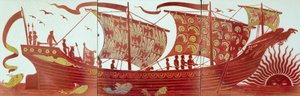 Gün batımında seyreden bir gemiyi betimleyen üç çini (seramik) by William de Morgan
