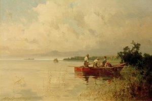 Yaz aylarında Chiemsee kıyılarında balıkçılar by Willy Moralt