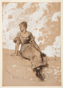 Çizim, Oturan Bir Kız; "Bahçe Duvarı" için çalışma, 1878 by Winslow Homer