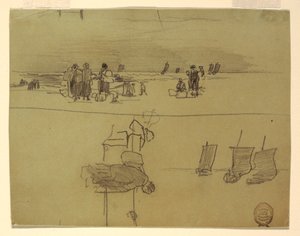 Çizim, Sepet Taşıyan Kadınlarla Sahil Sahnesi, Cullercoats, İngiltere, 1881-82 by Winslow Homer