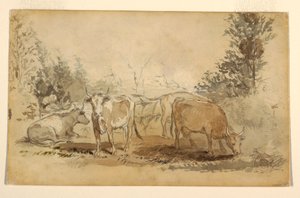 Çizim, Merada Otlayan Dört İnek, yaklaşık 1855-60 by Winslow Homer