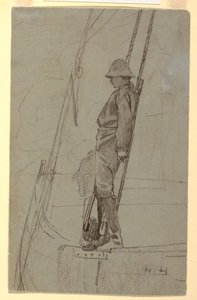 Çizim, Yelkenli Armasına Yaslanmış Genç Adam, muhtemelen 1861-62 by Winslow Homer