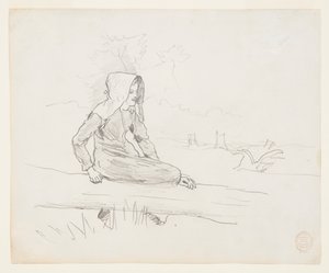 Bir Ağaç Gövdesinde Oturan Kız by Winslow Homer
