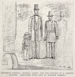 Başkan Lincoln, General Grant ve Tad Lincoln bir tren istasyonunda, 1887. by Winslow Homer