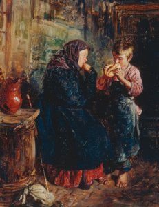 Alte Frau und Knabe mit Brot