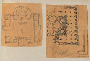 Mimariye İlişkin Çizimler ve Çeşitli Baskılar içeren bir Karalama Defterinden Sayfa, Int..., yakl. 1800-1850. Yaratıcılar: Charles Percier Atölyesi, Pierre François Léonard Fontaine Atölyesi. by Workshop of Charles Percier, Workshop of Pierre