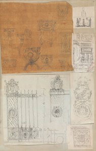Mimariye İlişkin Çizimler ve Çeşitli Baskılar içeren bir Karalama Defterinden Sayfa, Int..., yakl. 1800-1850. Yaratıcılar: Charles Percier Atölyesi, Pierre François Léonard Fontaine Atölyesi. by Workshop of Charles Percier, Workshop of Pierre