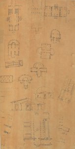 Mimariye İlişkin Çizimler ve Çeşitli Baskılar içeren bir Karalama Defterinden Sayfa, Int..., yakl. 1800-1850. Yaratıcılar: Charles Percier Atölyesi, Pierre François Léonard Fontaine Atölyesi. by Workshop of Charles Percier, Workshop of Pierre