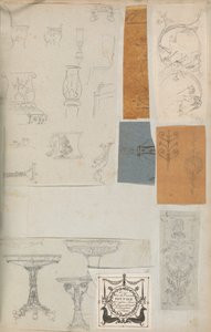 Mimariye İlişkin Çizimler ve Çeşitli Baskılar içeren bir Karalama Defterinden Sayfa, Int..., yakl. 1800-1850. Yaratıcılar: Charles Percier Atölyesi, Pierre François Léonard Fontaine Atölyesi. by Workshop of Charles Percier, Workshop of Pierre